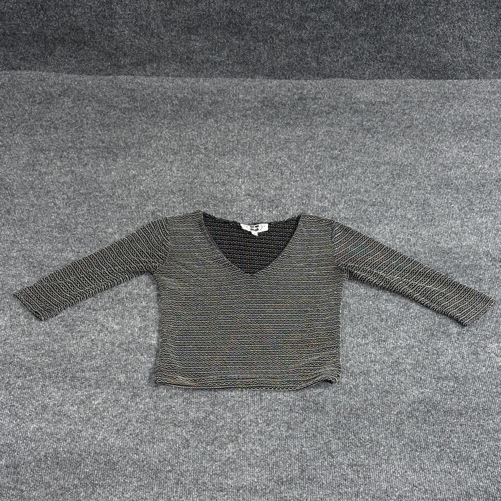Just U Shirt Womens Small Black Metallic V Neck Sheer Knit Stretch 3/4 Sleeve